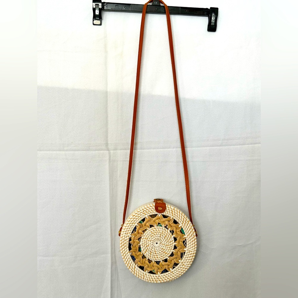 Handwoven Round Rattan Bag Shoulder Leather Straps